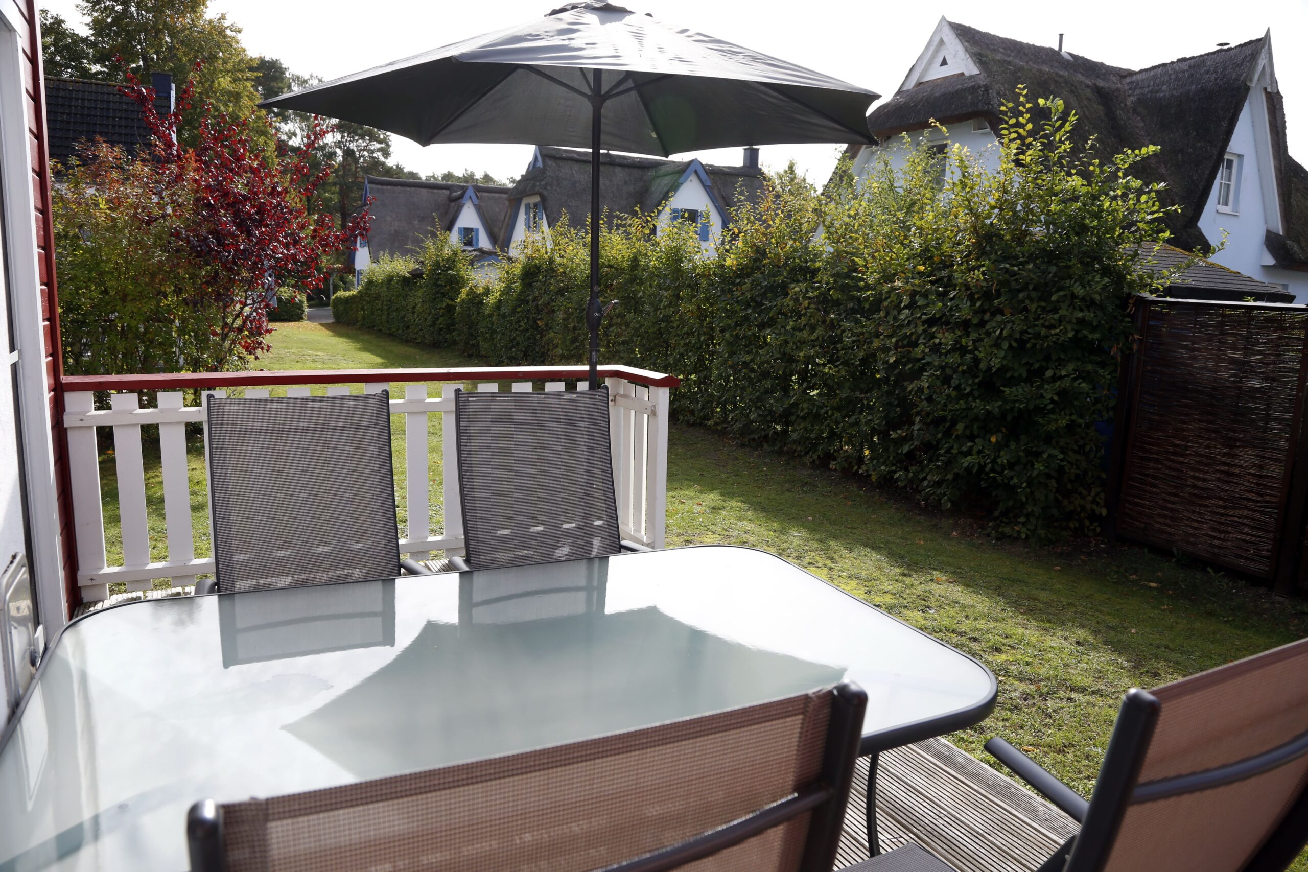 Garten mit Sonnenschirm Ferienhaus Wellenläufer Glowe Rügen