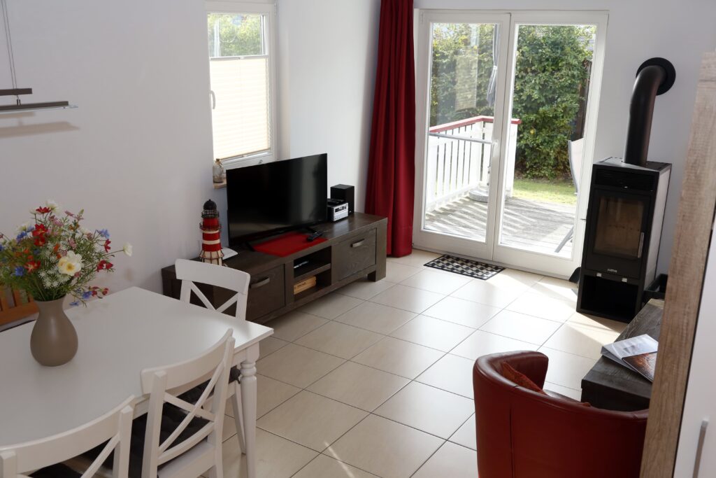 Fernseher und Kamin Ferienhaus Wellenläufer Glowe Rügen